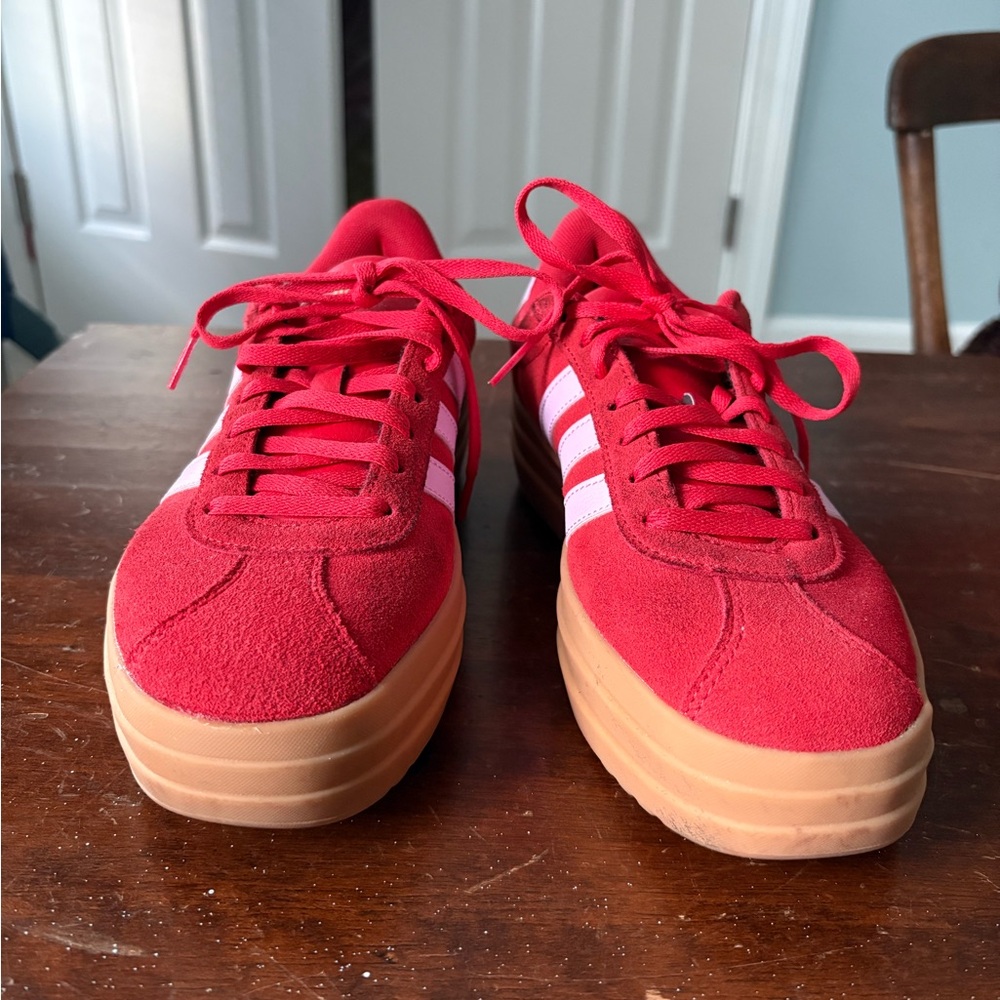 Adidas Red Women's Platform Sneakers with Pink Stripes